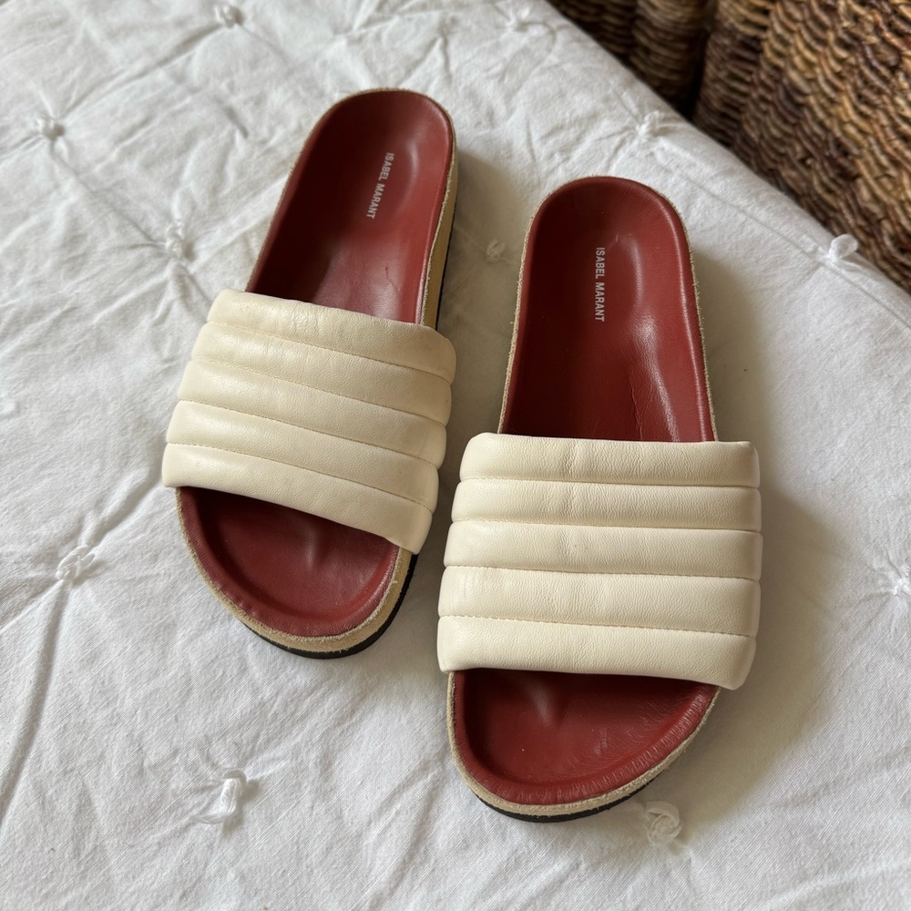 Isabel Marant Cream Quilted Leather and Suede Hellea Slide Sandals - Size 35